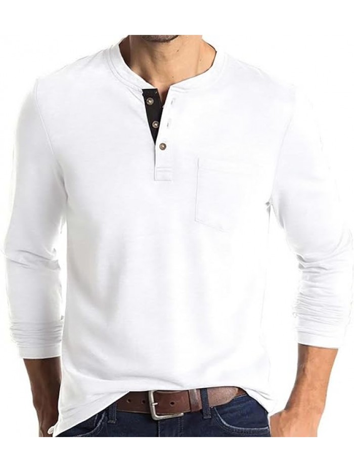 White Mens Fashion Henley Shirts Long Sleeve Button Cotton T-Shirt with Pocket