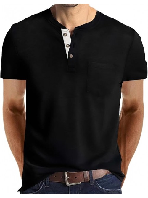 Black  Mens Fashion Henley Shirts Long Sleeve Butt...