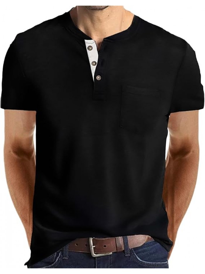 Black  Mens Fashion Henley Shirts Long Sleeve Button Cotton T-Shirt with Pocket