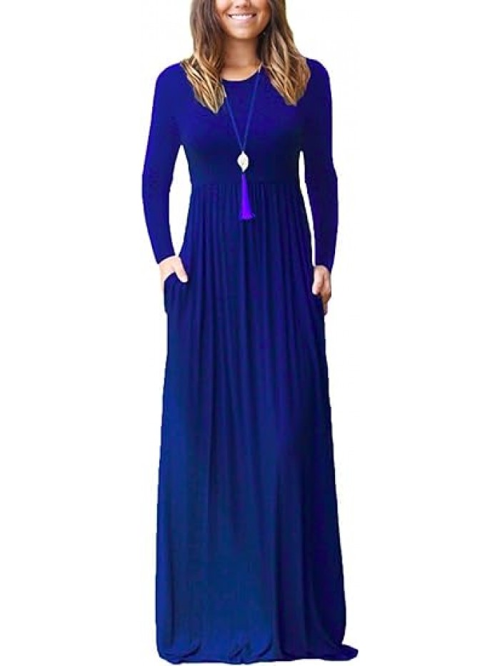 Women's Long Sleeve Loose Plain Maxi Dresses Casual Long Dresses with Pockets
