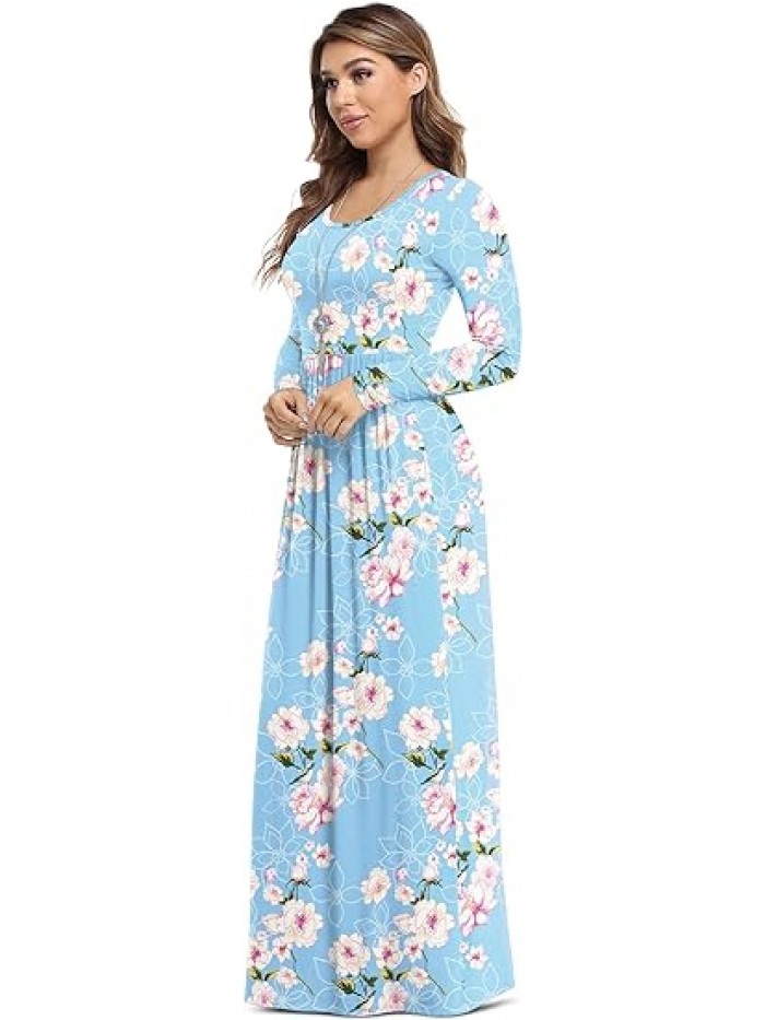 flower-light Blue Women's Long Sleeve Loose Plain Maxi Dresses Casual Long Dresses with Pockets