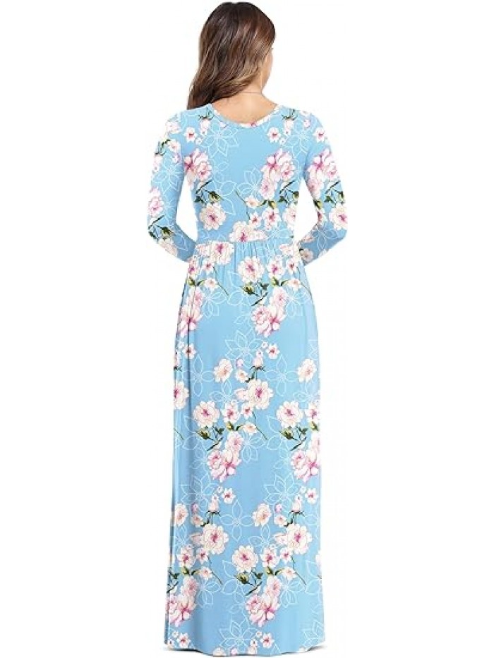 flower-light Blue Women's Long Sleeve Loose Plain Maxi Dresses Casual Long Dresses with Pockets