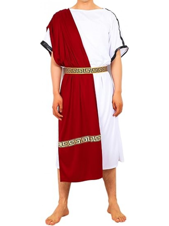Men's Deluxe Classic Toga Costume Set Including Tunic,Belt Roman Costume White God Burgundy Summer Partywear