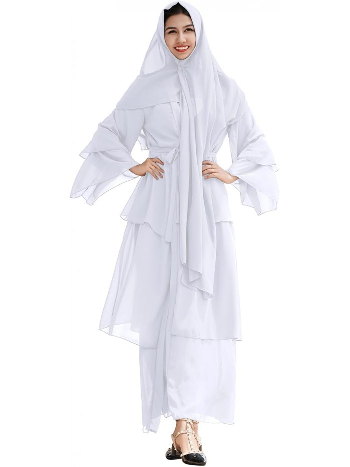 Women Muslim Chiffon Abaya Modest Open Front Cardigan Dress with Hijab Middle East Arabian Robe Islamic Dubai Outfit
