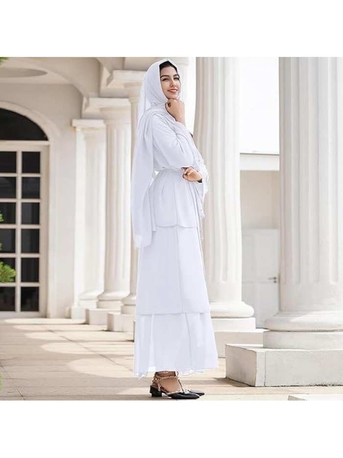 Women Muslim Chiffon Abaya Modest Open Front Cardigan Dress with Hijab Middle East Arabian Robe Islamic Dubai Outfit