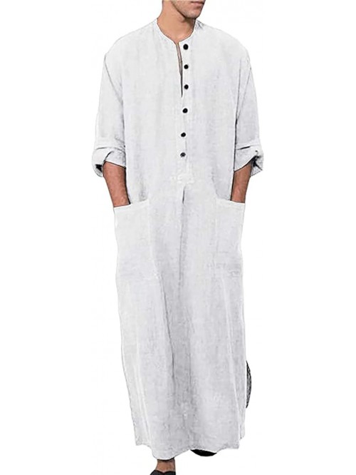 Men's Kaftan Thobe Long Sleeve Muslim Robe Button ...