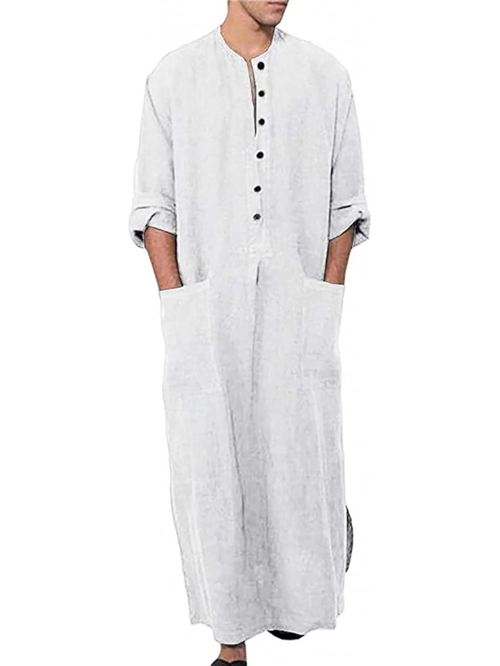 Men's Kaftan Thobe Long Sleeve Muslim Robe Button Up Side Split Kaftan Thobe with Pockets