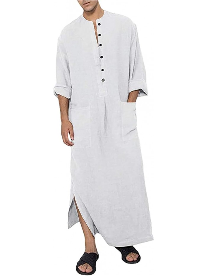 Men's Kaftan Thobe Long Sleeve Muslim Robe Button Up Side Split Kaftan Thobe with Pockets