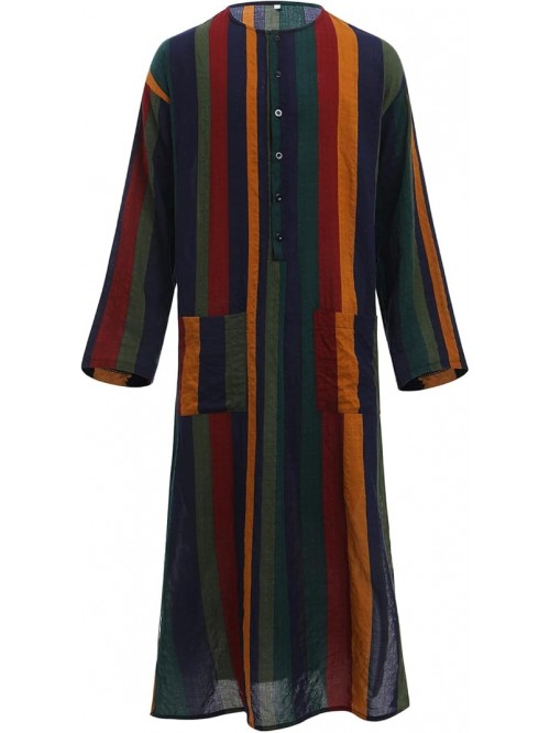 Mens Muslim Thobe Long Sleeve Stripe Long Gown Mid...