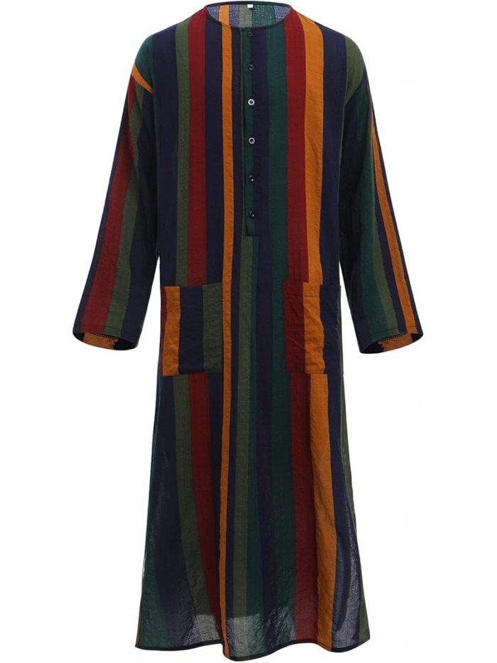 Mens Muslim Thobe Long Sleeve Stripe Long Gown Middle East Islam Arabic Thobe Shirt Dresses