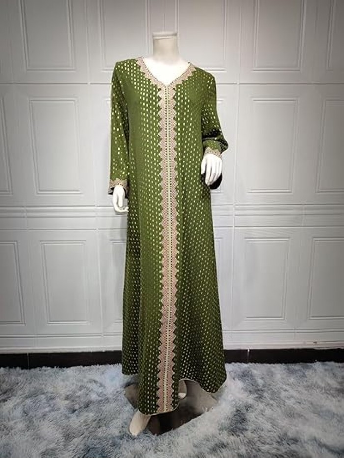 Women's Muslim Islamic Abaya Dress Elegant V Neck Bronzing Kaftan Dress Full Length Prayer Clothes Evening Gowns